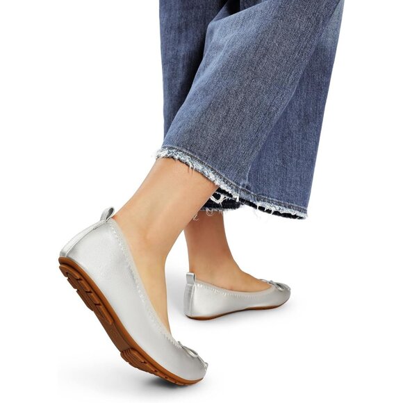 Women's Silver Flats Foldable Ballet Bowknot Round Toe Comfort Light Weight - Picture 2 of 9